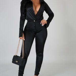 Black 2 Piece Satin Pants Set